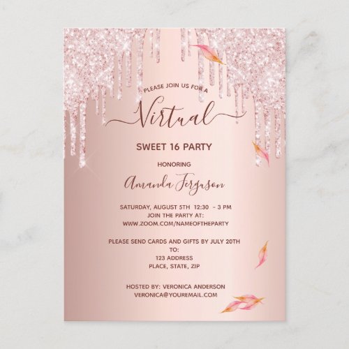 Virtual Sweet 16 rose gold glitter invitation Postcard