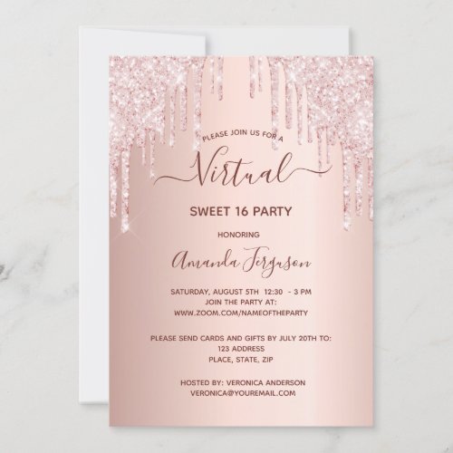 Virtual Sweet 16 rose gold glitter pink birthday Invitation