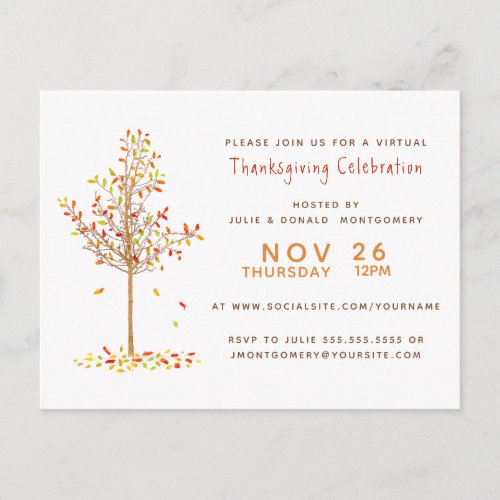 Virtual Thanksgiving Watercolor Autumn Tree Leaves Invitation Postcard