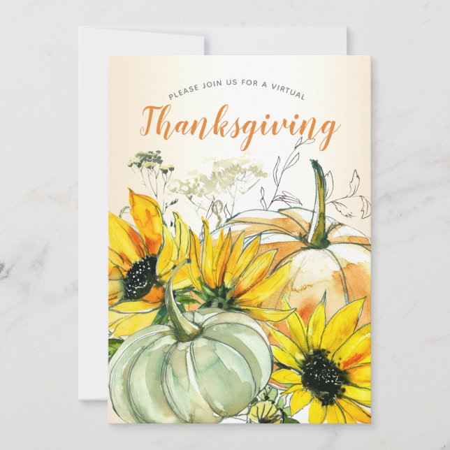 Virtual Thanksgiving Watercolor Sunflower Pumpkin Invitation (Front)