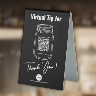 Virtual Tip Jar, Custom QR Code, Logo, Black Table Tent