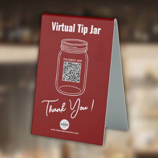 Virtual Tip Jar, Custom QR Code, Logo, Red Table Tent
