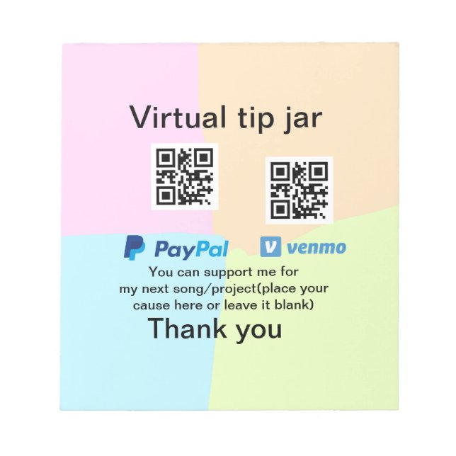 Virtual tip jar q r code money donation PayPal ven Notepad (Front)