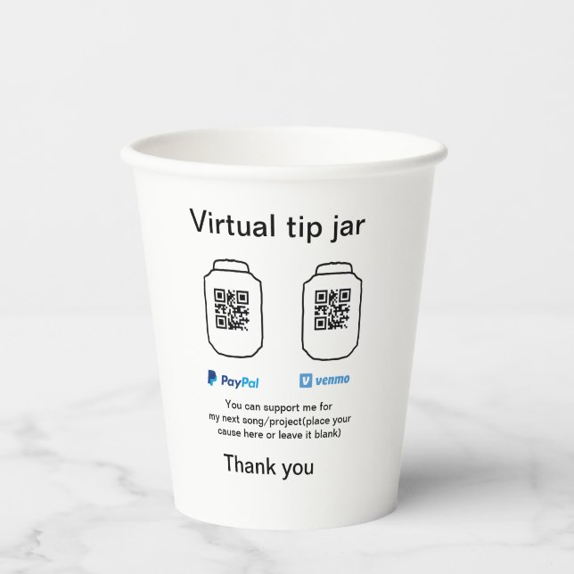 Virtual tip jar q r code money donation PayPal ven Paper Cups (Front)
