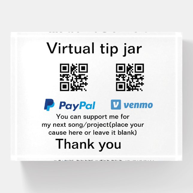 Virtual tip jar q r code money donation PayPal ven Paperweight (Front)