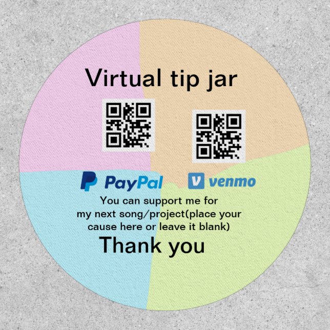 Virtual tip jar q r code money donation PayPal ven Patch (Front)