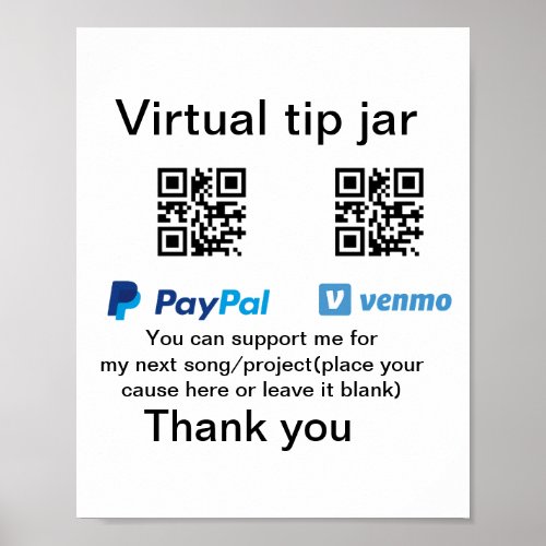 Virtual tip jar q r code money donation PayPal ven Poster