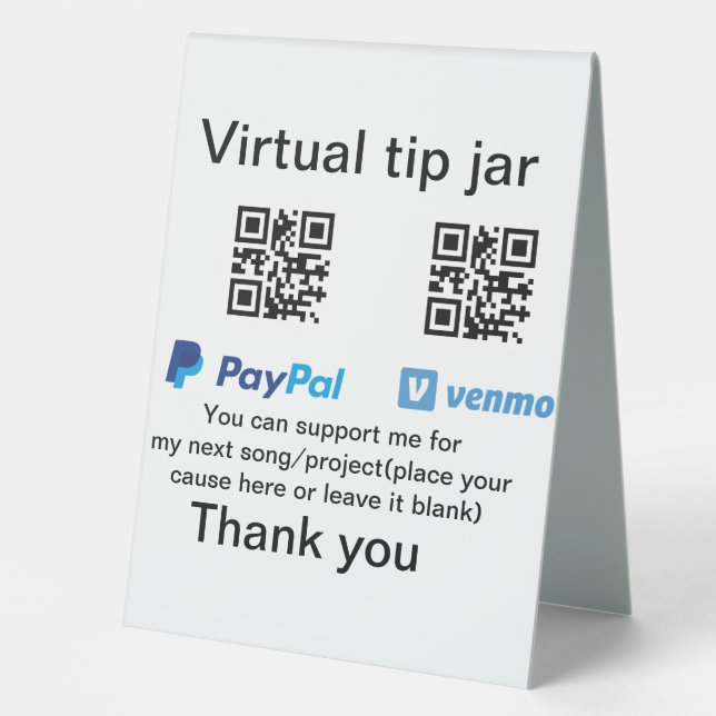 Virtual tip jar q r code money donation PayPal ven Table Tent (Front)