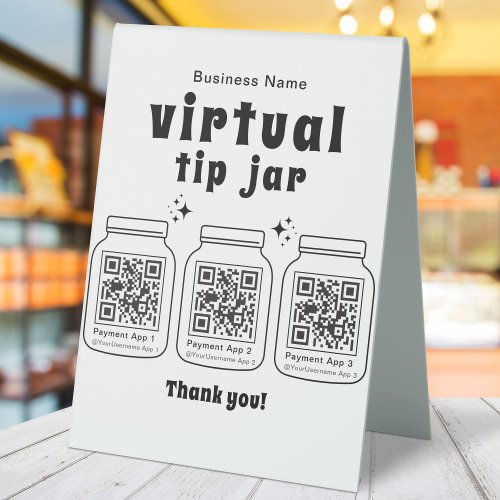 Virtual Tip Jar with 3 QR Code Table Tent Sign