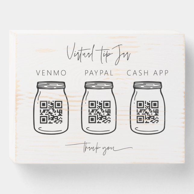 Virtual Tips Wood Box Sign QR Code Cash Payment  (Front Horizontal)