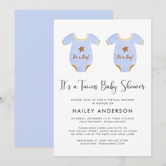Virtual Twin Boys Watercolor Baby Shower Invitation (Front/Back)