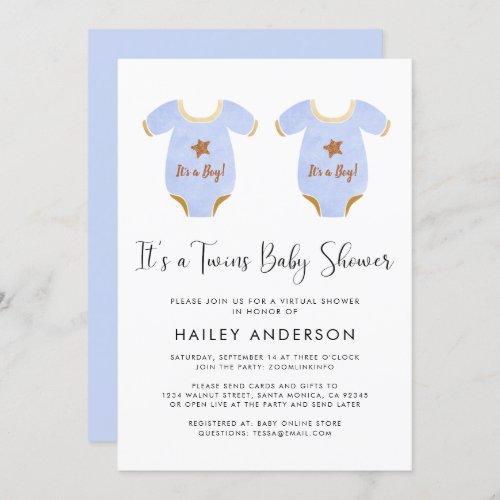 Virtual Twin Boys Watercolor Baby Shower Invitation