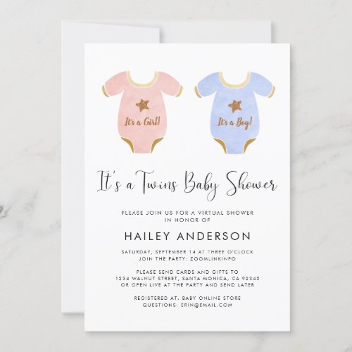 Virtual Twin Girl Boy Watercolor Baby Shower Invitation