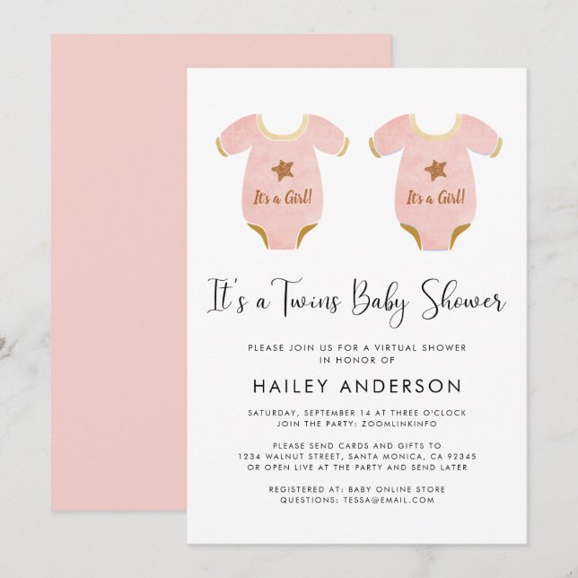 Virtual Twin Girls Watercolor Baby Shower Invitation (Front/Back)