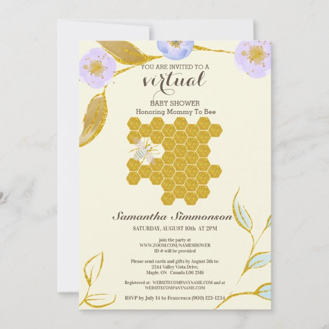 VIRTUAL Watercolor Golden Mommy to Bee Baby Shower Invitation (Front)