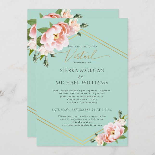 Virtual Wedding Blush Floral Peony Gold Mint Green Invitation (Front/Back)
