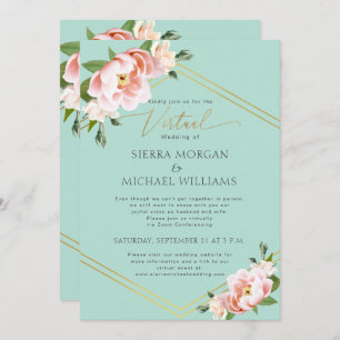 Virtual Wedding Blush Floral Peony Gold Mint Green Invitation