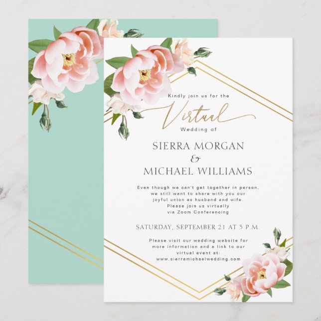 Virtual Wedding Blush Peony Floral Gold Mint Green Invitation (Front/Back)