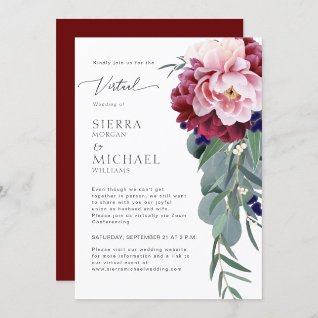 Virtual Wedding Blush Pink Burgundy Floral Foliage Invitation (Front/Back)