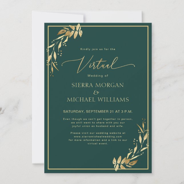 Virtual Wedding Chic Golden Foliage Emerald Green Invitation (Front)