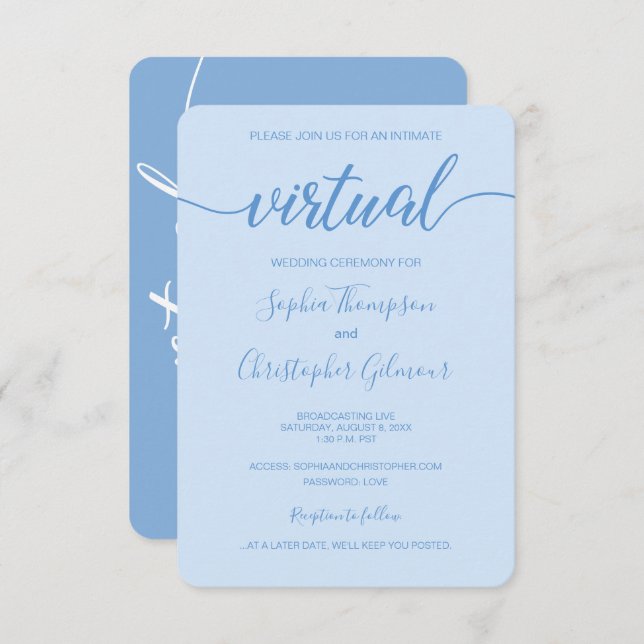 VIRTUAL Wedding Dusty Blue Chic Custom Invitation (Front/Back)