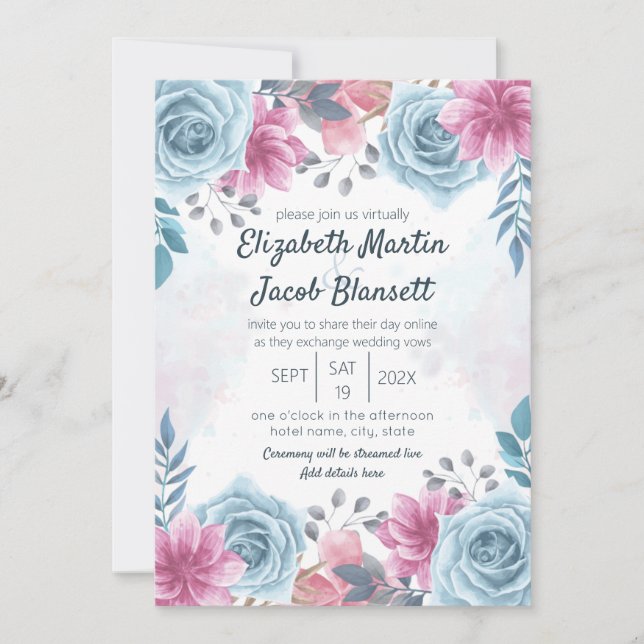 Virtual Wedding Dusty Blue Rose and Pink Floral Invitation (Front)