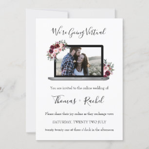 virtual wedding laptop burgundy flower foliage invitation