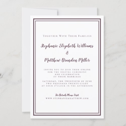 Virtual Wedding Purple  White Minimalist Online Invitation
