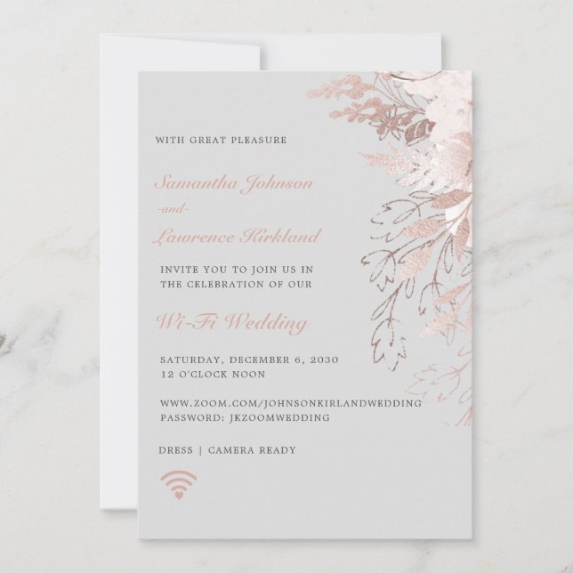 Virtual  Wedding WiFi Zoom Dusty Rose Grey Floral Invitation (Front)