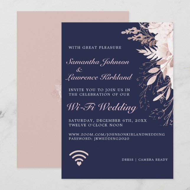 Virtual WiFi Wedding Dusty Rose Floral Navy Blue Invitation (Front/Back)