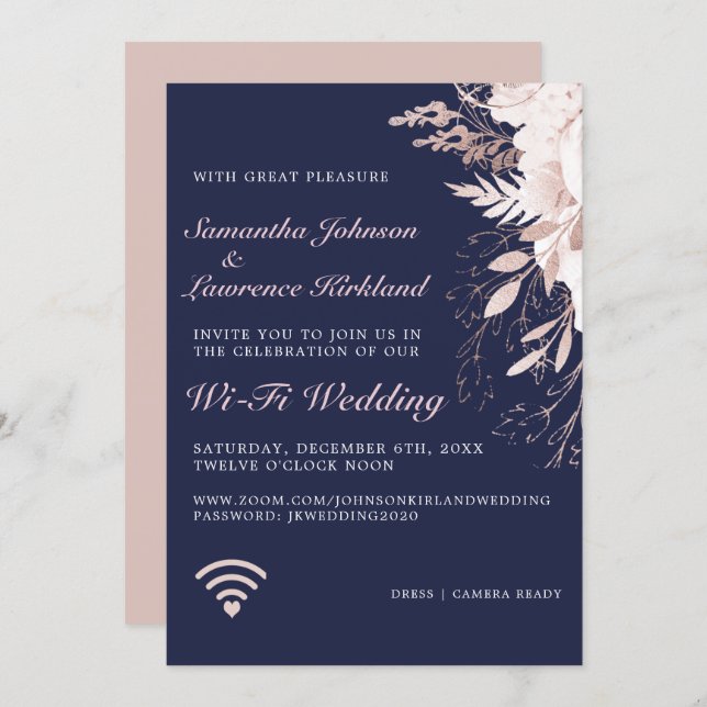 Virtual WiFi Wedding Dusty Rose Floral Navy Blue Invitation (Front/Back)