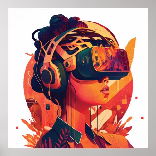 Virtual worlds woman wearing VR headset Poster