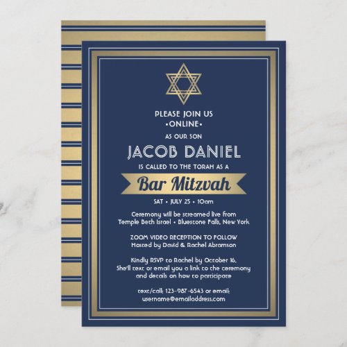 Virtual Zoom Bar Mitzvah Navy Blue White  Gold Invitation