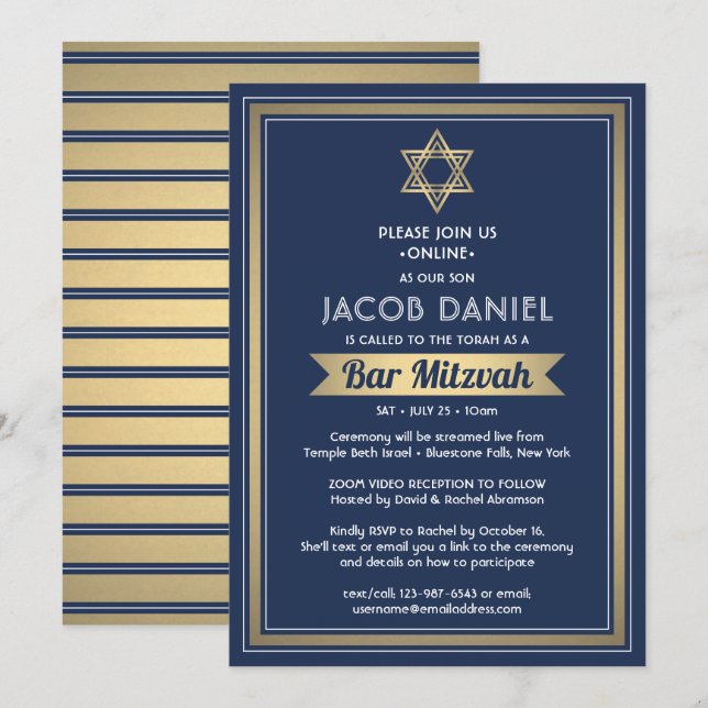 Virtual Zoom Bar Mitzvah Navy Blue White & Gold Invitation (Front/Back)