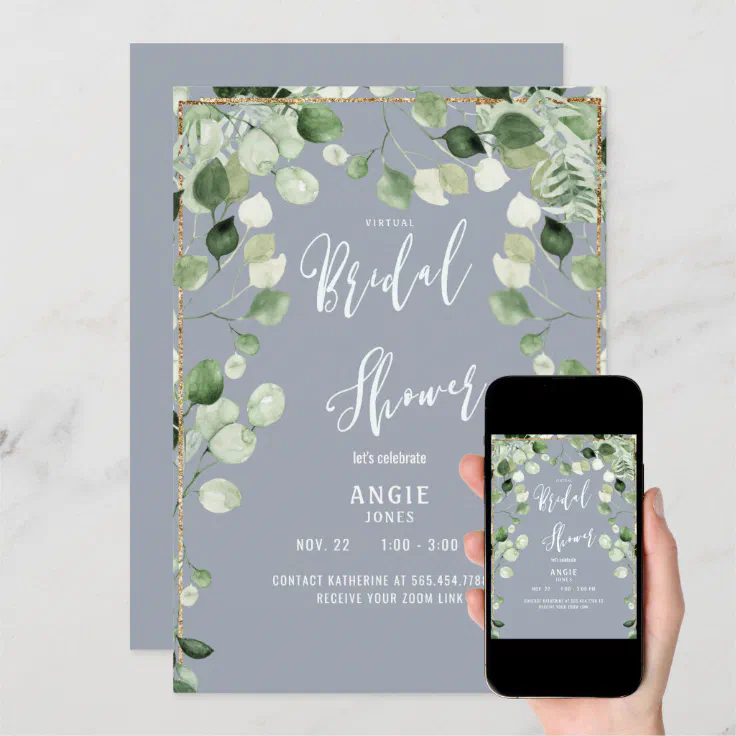 Virtual Zoom Bridal Shower Foliage Dusty Blue Invi Invitation Zazzle