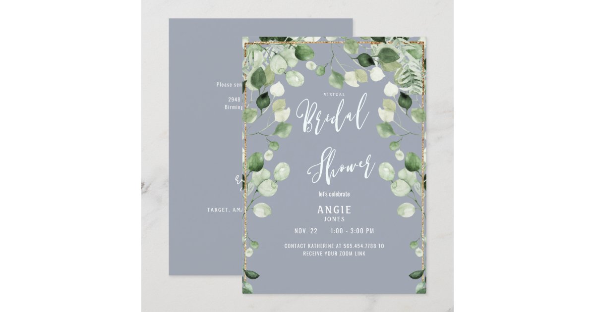Virtual Zoom Bridal Shower Foliage Dusty Blue Invi Invitation Zazzle