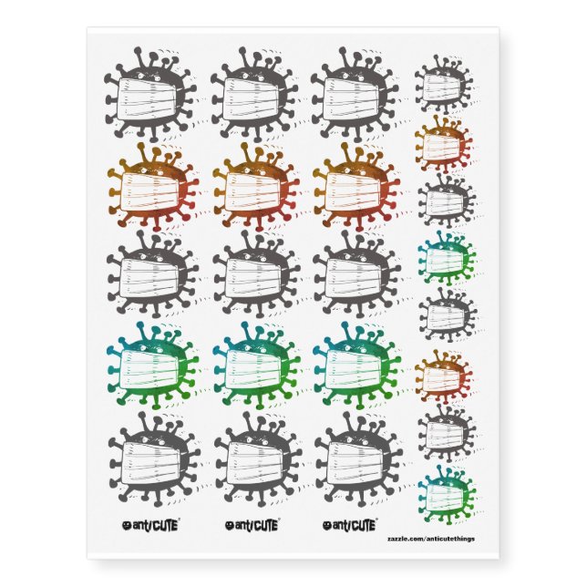 virus wearing face mask cartoon temporary tattoos (Front)