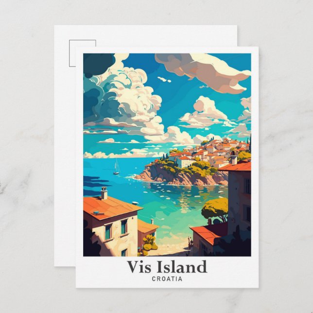 Vis Island Croatia Travel Vintage Illustration Postcard (Front/Back)
