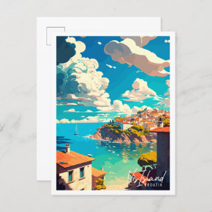 Vis Island Croatia vintage travel illustration Postcard