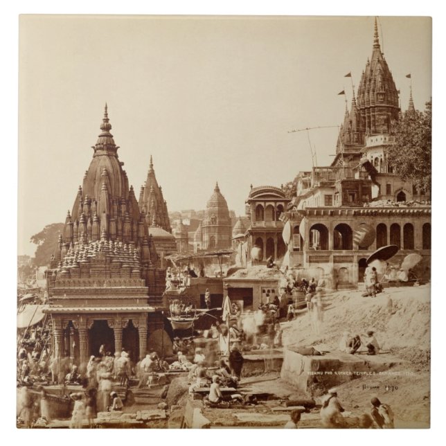 Vishnu Pud and Other Temples, Benares (sepia photo Ceramic Tile (Front)