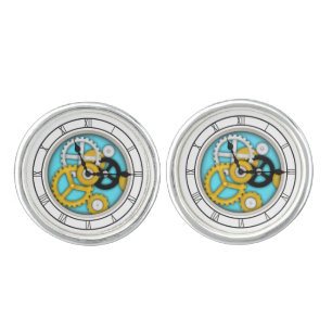 Visible Clockwork Illusion Fanciful Clock Art Aqua Cufflinks