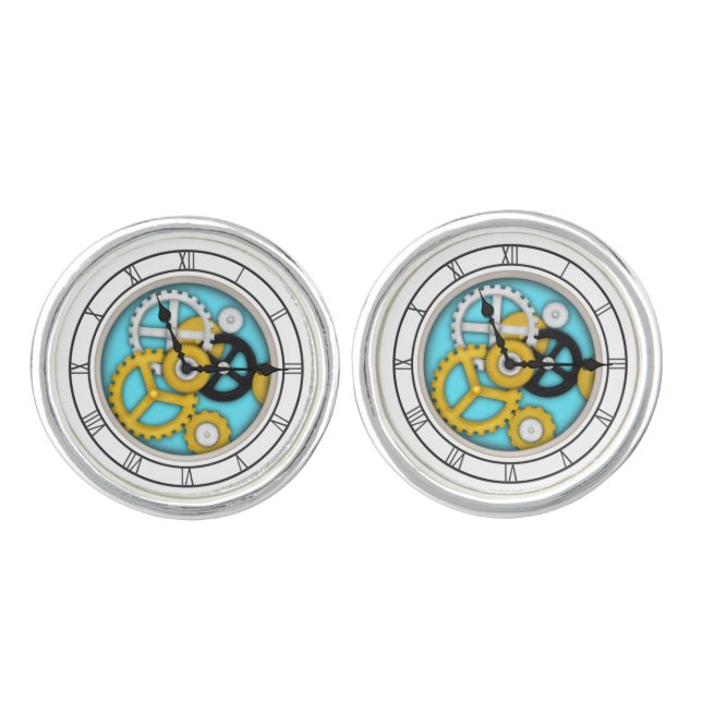 Visible Clockwork Illusion Fanciful Clock Art Aqua Cufflinks (Front)