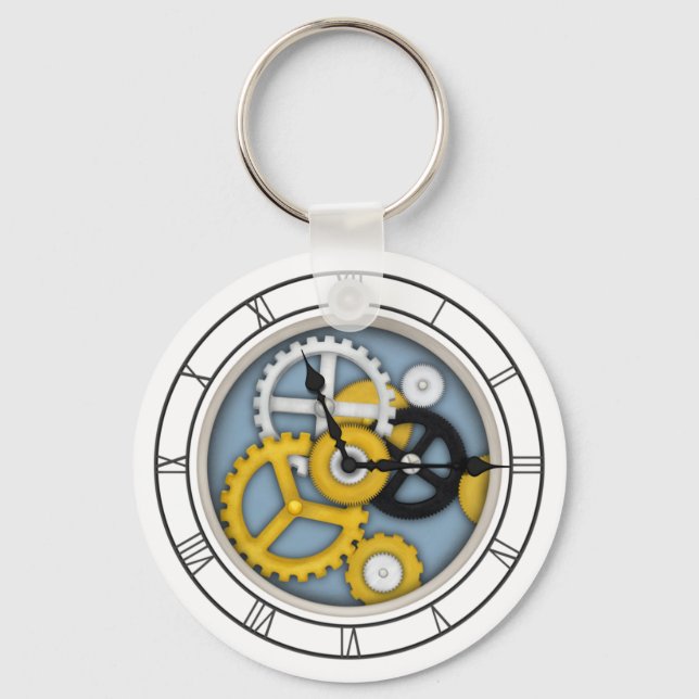 Visible Clockwork Illusion Fanciful Clock Art Blue Keychain (Front)