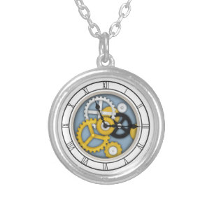 Visible Clockwork Illusion Fanciful Clock Art Blue Silver Plated Necklace