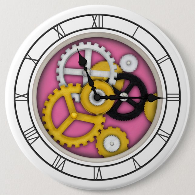 Visible Clockwork Illusion Fanciful Clock Art Pink Button (Front)