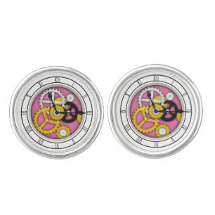Visible Clockwork Illusion Fanciful Clock Art Pink Cufflinks