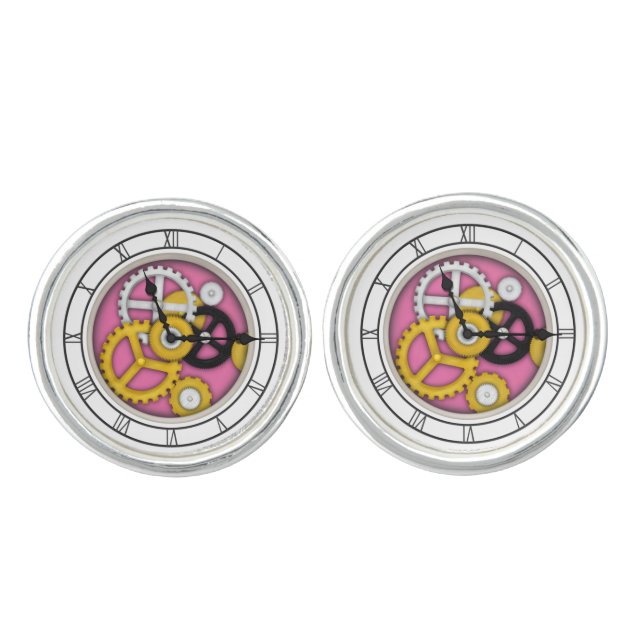 Visible Clockwork Illusion Fanciful Clock Art Pink Cufflinks (Front)