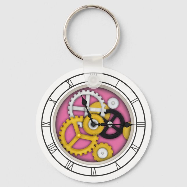 Visible Clockwork Illusion Fanciful Clock Art Pink Keychain (Front)