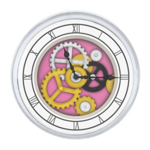 Visible Clockwork Illusion Fanciful Clock Art Pink Silver Finish Lapel Pin