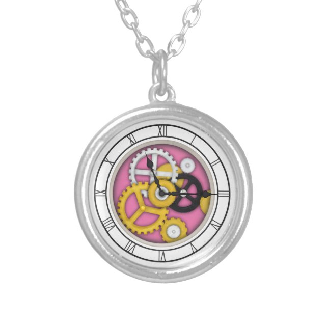 Visible Clockwork Illusion Fanciful Clock Art Pink Silver Plated Necklace (Front)